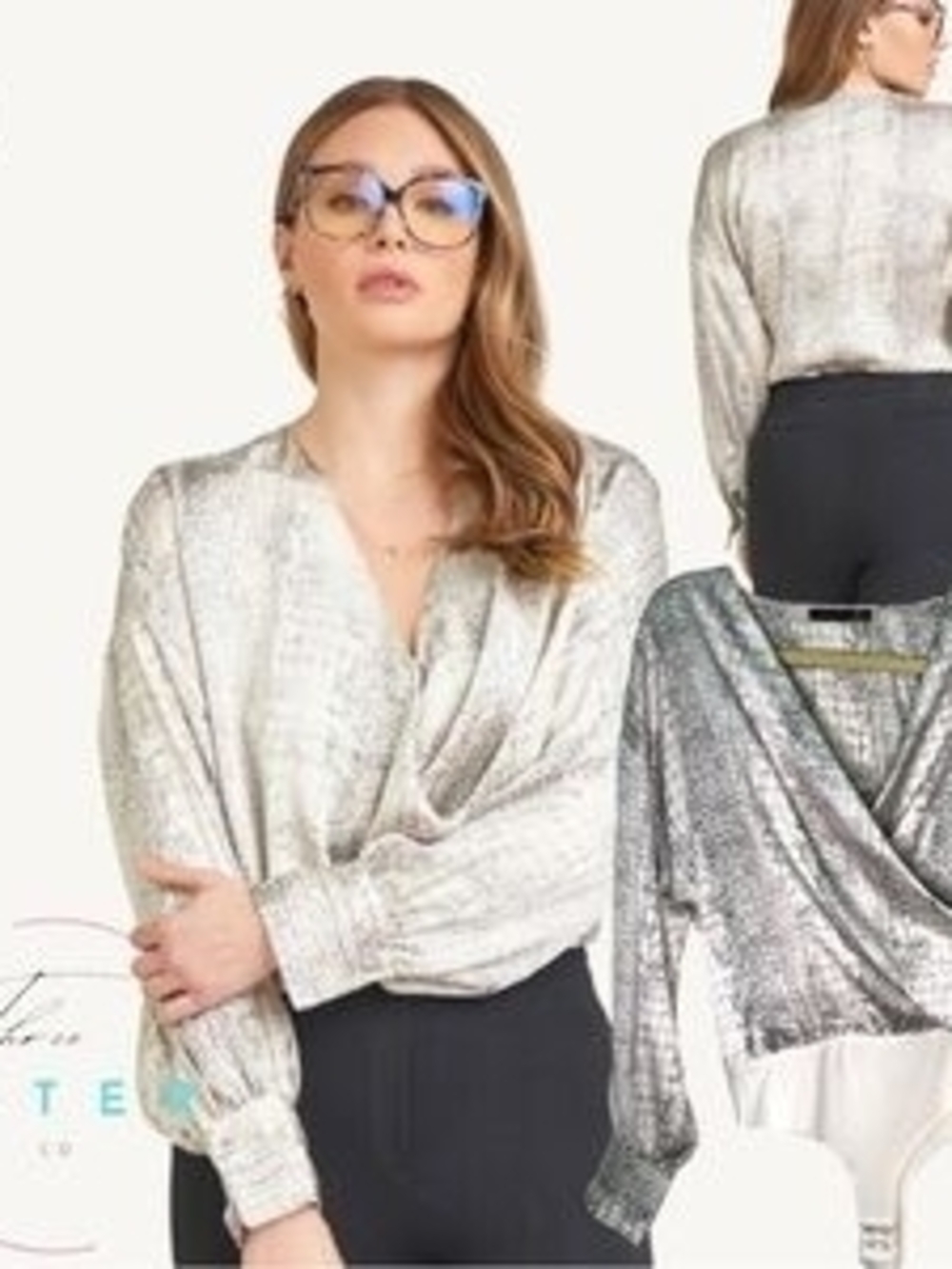 Black Tape_ Metallic Silver Draped Bodysuit
